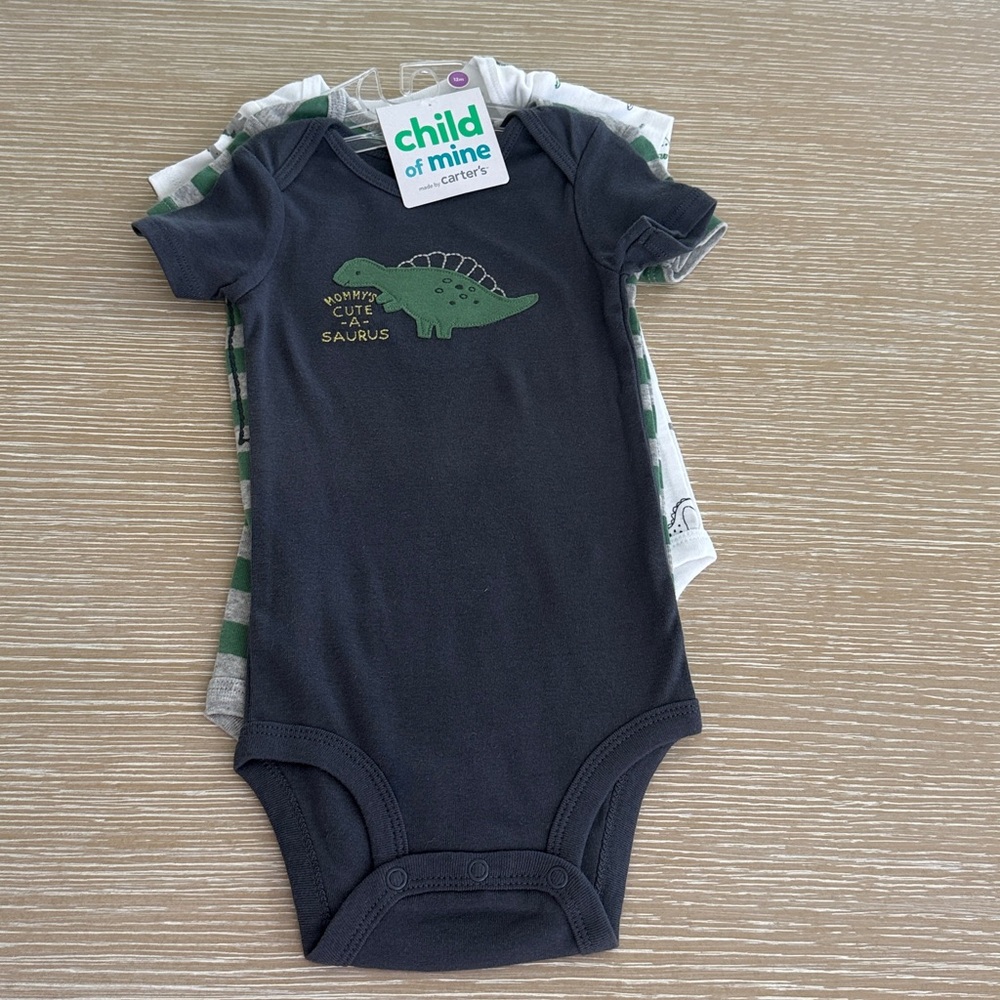 Carter's Child of Mine Baby Boy Dinosaur Bodysuit Trio - Green/White/Navy 12M - Picture 11 of 14